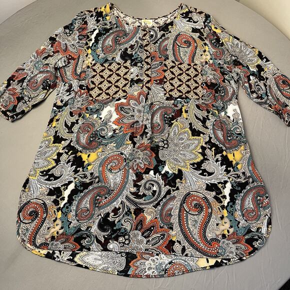 Fig and Flower Blouse Womens 3X Paisley Boho Tunic Henley 3/4 Sleeve Pockets - Picture 3 of 11